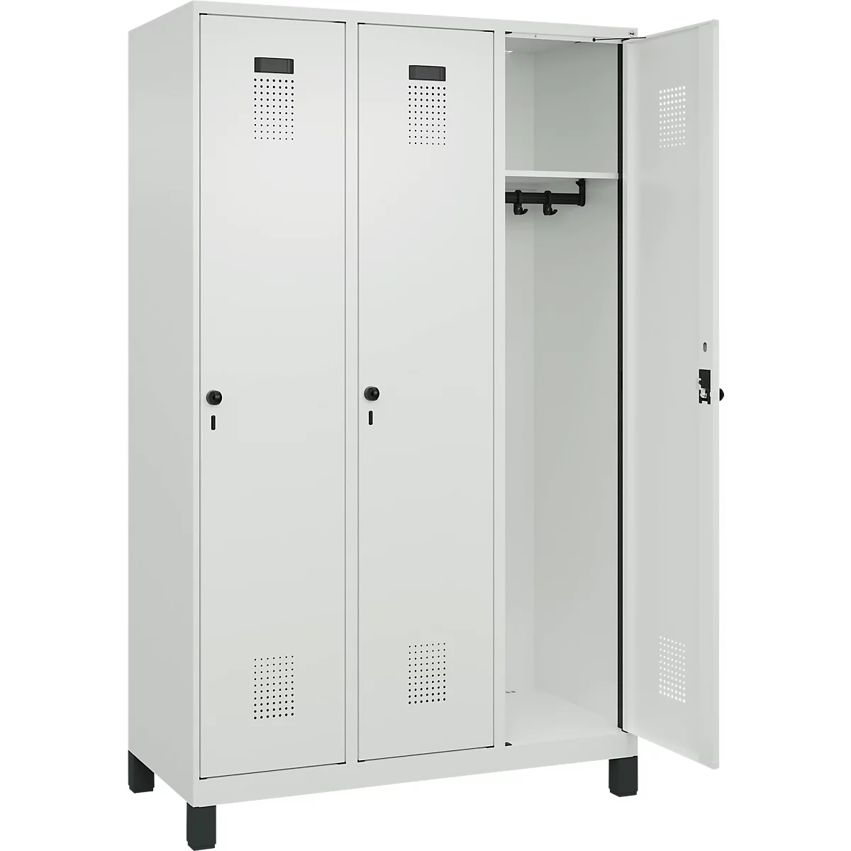 Vestiaire C+P Evolo Plus, 3 compartiments, largeur de compartiment 400 mm, avec pieds, butée à droite, butée Soft, anti-effraction, L 1200 x P 500 x H 1950 mm, fermeture de sécurité à pêne rotatif, gris clair RAL 7035/gris clair RAL 7035