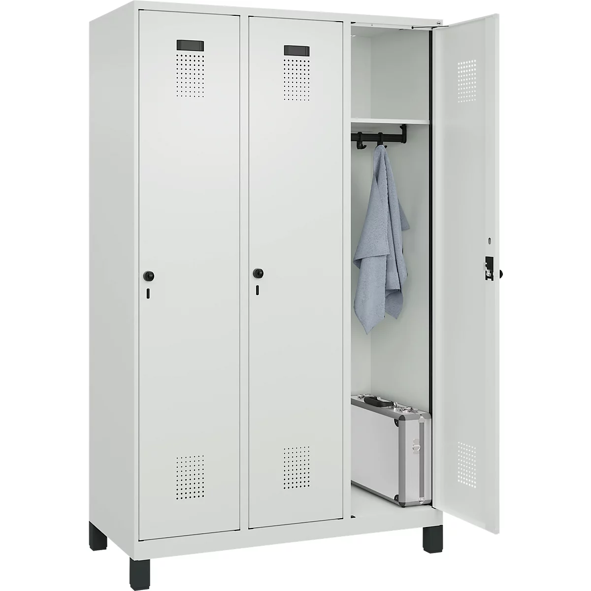 Vestiaire C+P Evolo Plus, 3 compartiments, largeur de compartiment 400 mm, avec pieds, butée à droite, butée Soft, anti-effraction, L 1200 x P 500 x H 1950 mm, fermeture de sécurité à pêne rotatif, gris clair RAL 7035/gris clair RAL 7035