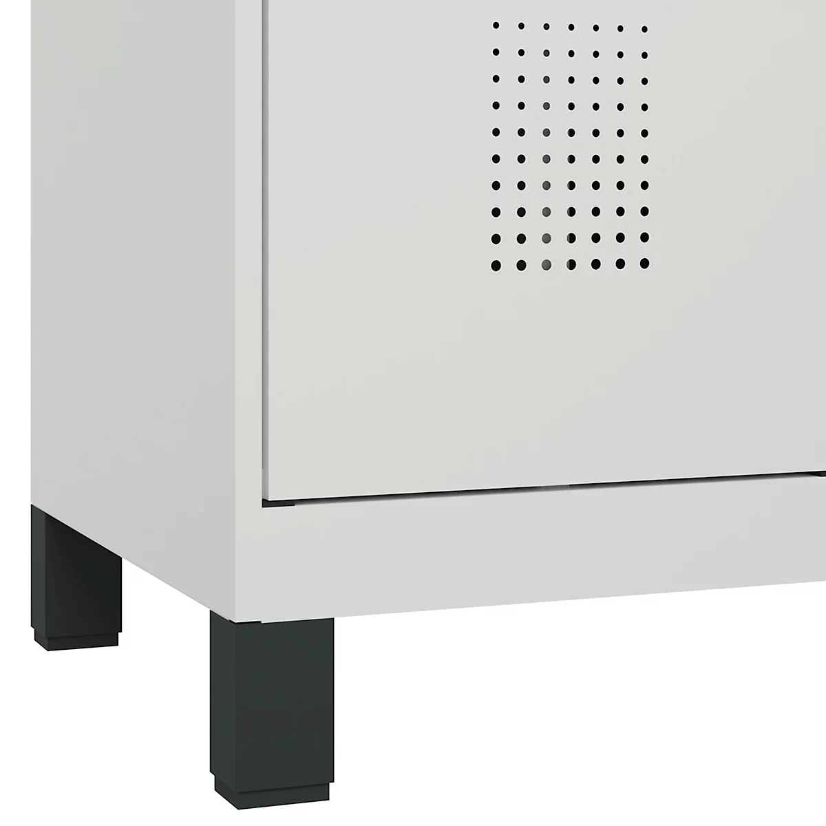 Vestiaire C+P Evolo Plus, 3 compartiments, largeur de compartiment 400 mm, avec pieds, butée à droite, butée Soft, anti-effraction, L 1200 x P 500 x H 1950 mm, fermeture de sécurité à pêne rotatif, gris clair RAL 7035/gris clair RAL 7035