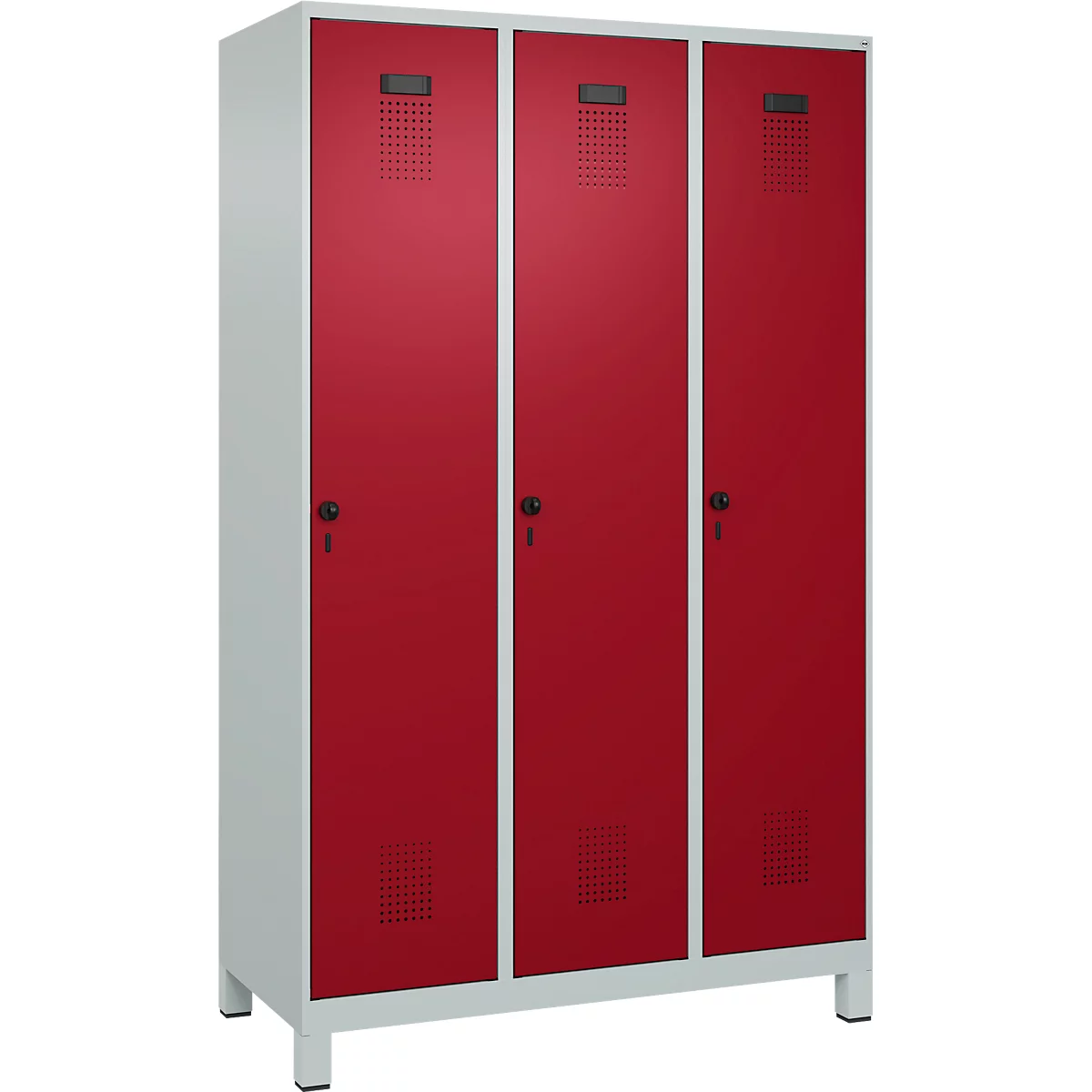 Vestiaire C+P Evolo Plus, 3 compartiments, largeur de compartiment 400 mm, avec pieds, butée à droite, butée Soft, anti-effraction, L 1200 x P 500 x H 1950 mm, fermeture de sécurité à pêne rotatif, gris clair RAL 7035/rouge rubis RAL 3003