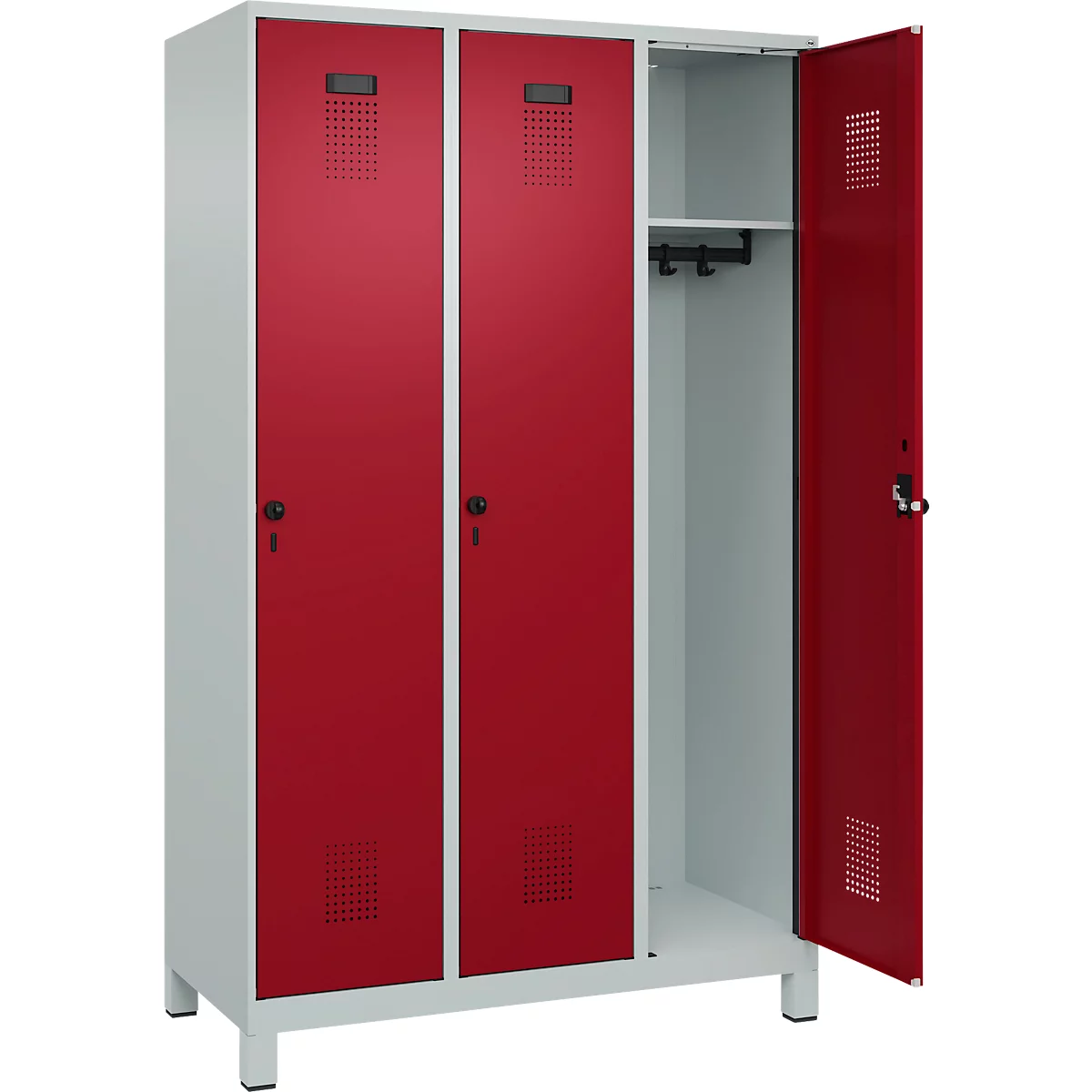Vestiaire C+P Evolo Plus, 3 compartiments, largeur de compartiment 400 mm, avec pieds, butée à droite, butée Soft, anti-effraction, L 1200 x P 500 x H 1950 mm, fermeture de sécurité à pêne rotatif, gris clair RAL 7035/rouge rubis RAL 3003
