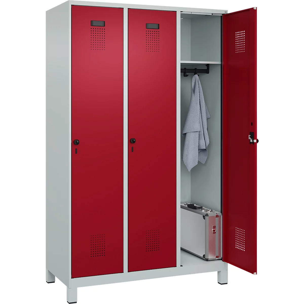Vestiaire C+P Evolo Plus, 3 compartiments, largeur de compartiment 400 mm, avec pieds, butée à droite, butée Soft, anti-effraction, L 1200 x P 500 x H 1950 mm, fermeture de sécurité à pêne rotatif, gris clair RAL 7035/rouge rubis RAL 3003