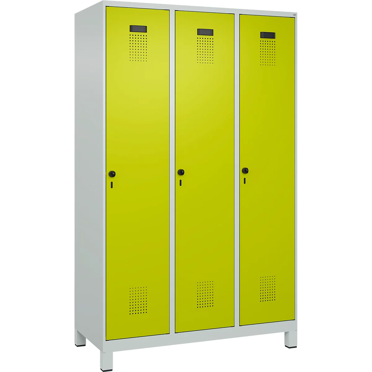 Vestiaire C+P Evolo Plus, 3 compartiments, largeur de compartiment 400 mm, avec pieds, butée à droite, butée Soft, anti-effraction, L 1200 x P 500 x H 1950 mm, fermeture de sécurité à pêne rotatif, gris clair RAL 7035/vert clown RAL 1108060