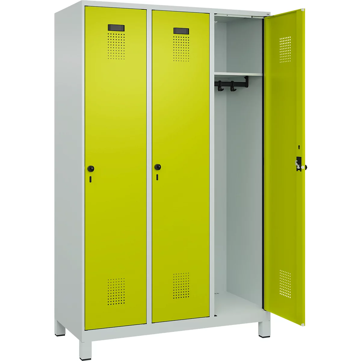 Vestiaire C+P Evolo Plus, 3 compartiments, largeur de compartiment 400 mm, avec pieds, butée à droite, butée Soft, anti-effraction, L 1200 x P 500 x H 1950 mm, fermeture de sécurité à pêne rotatif, gris clair RAL 7035/vert clown RAL 1108060