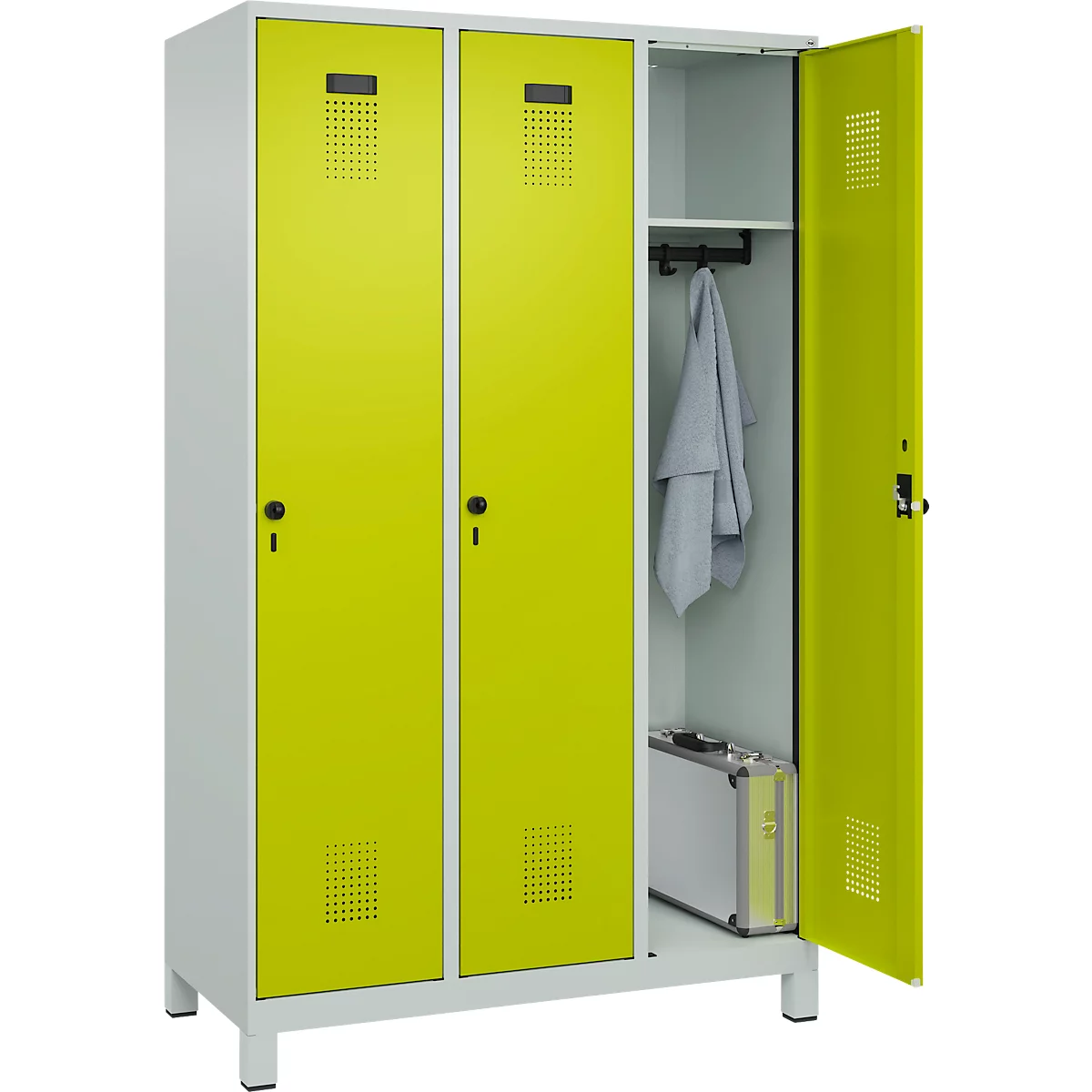 Vestiaire C+P Evolo Plus, 3 compartiments, largeur de compartiment 400 mm, avec pieds, butée à droite, butée Soft, anti-effraction, L 1200 x P 500 x H 1950 mm, fermeture de sécurité à pêne rotatif, gris clair RAL 7035/vert clown RAL 1108060