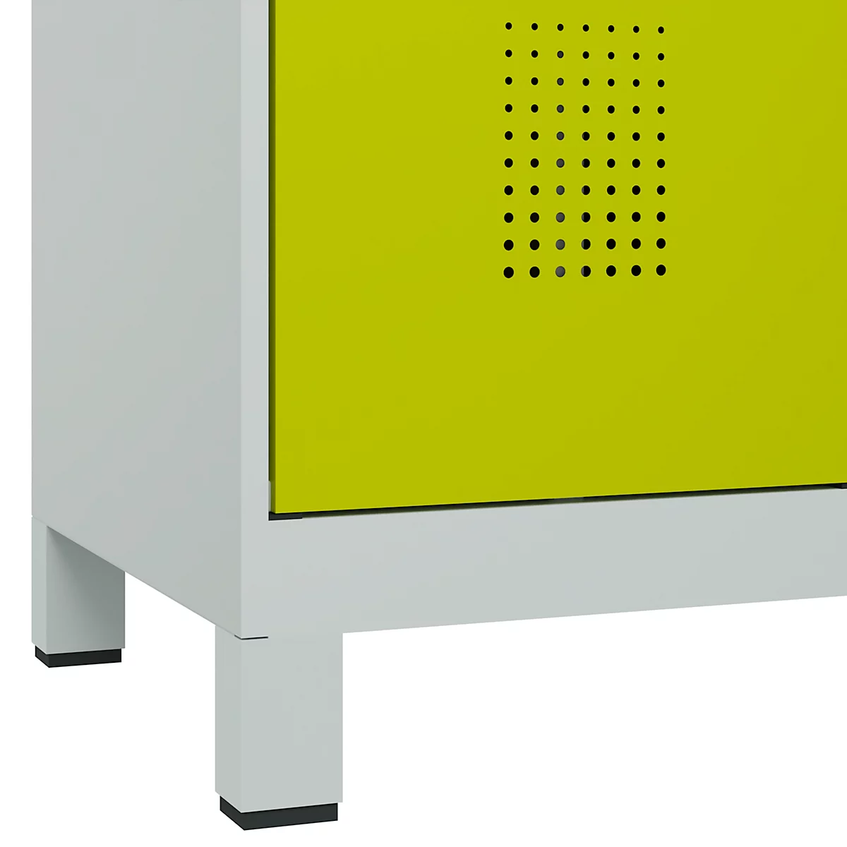Vestiaire C+P Evolo Plus, 3 compartiments, largeur de compartiment 400 mm, avec pieds, butée à droite, butée Soft, anti-effraction, L 1200 x P 500 x H 1950 mm, fermeture de sécurité à pêne rotatif, gris clair RAL 7035/vert clown RAL 1108060