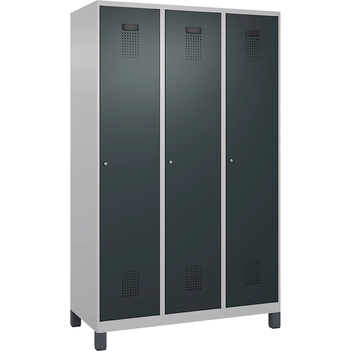 Vestiaire C+P Evolo Plus, 3 compartiments, largeur de compartiment 400 mm, avec pieds, butée à droite, butée Soft, anti-effraction, L 1200 x P 500 x H 1950 mm, serrure à cylindre, aluminium blanc RAL 9006/gris anthracite RAL 7016