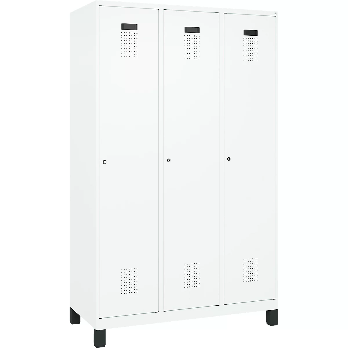 Vestiaire C+P Evolo Plus, 3 compartiments, largeur de compartiment 400 mm, avec pieds, butée à droite, butée soft, anti-effraction, L 1200 x P 500 x H 1950 mm, serrure à cylindre, blanc trafic RAL 9016/blanc trafic RAL 9016