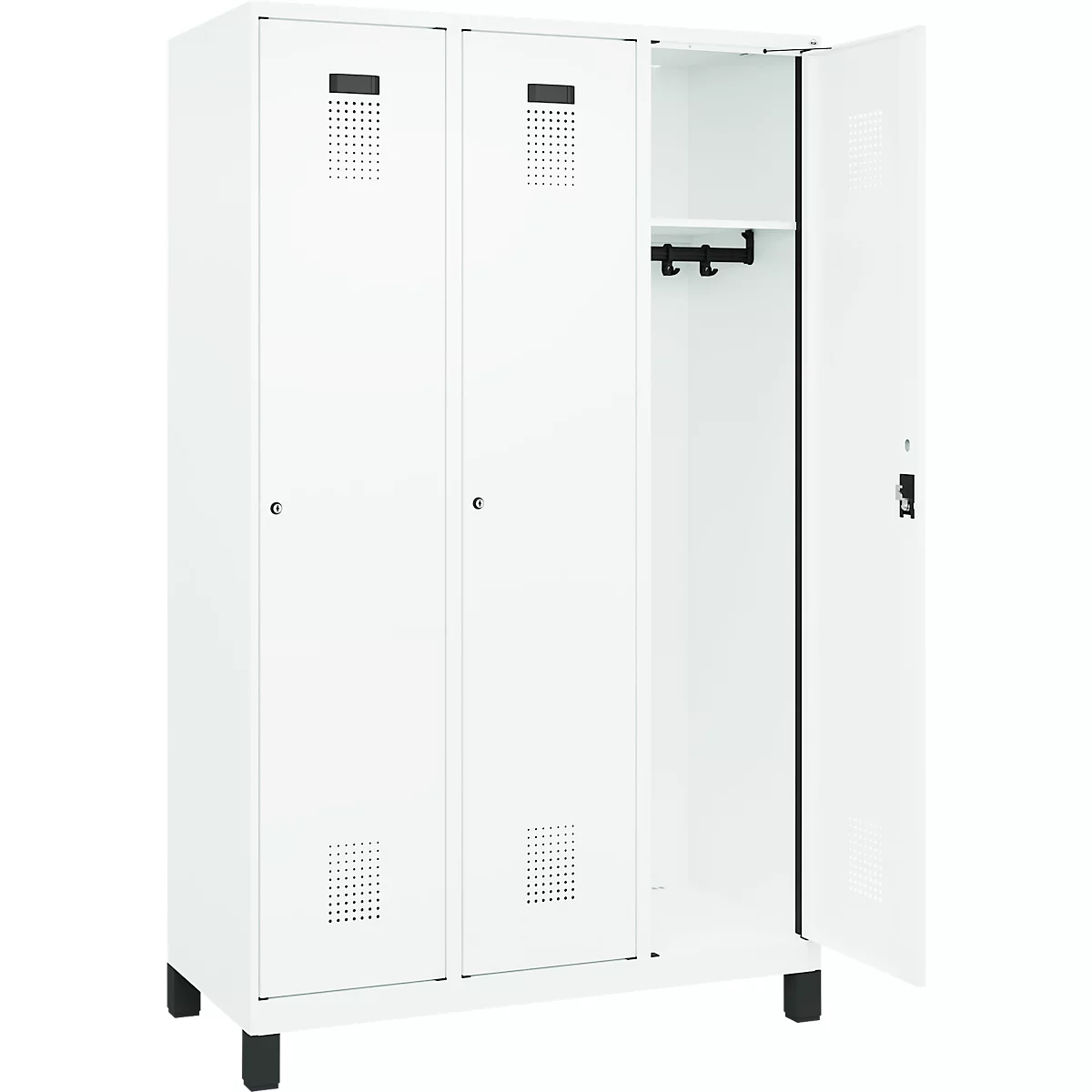Vestiaire C+P Evolo Plus, 3 compartiments, largeur de compartiment 400 mm, avec pieds, butée à droite, butée soft, anti-effraction, L 1200 x P 500 x H 1950 mm, serrure à cylindre, blanc trafic RAL 9016/blanc trafic RAL 9016
