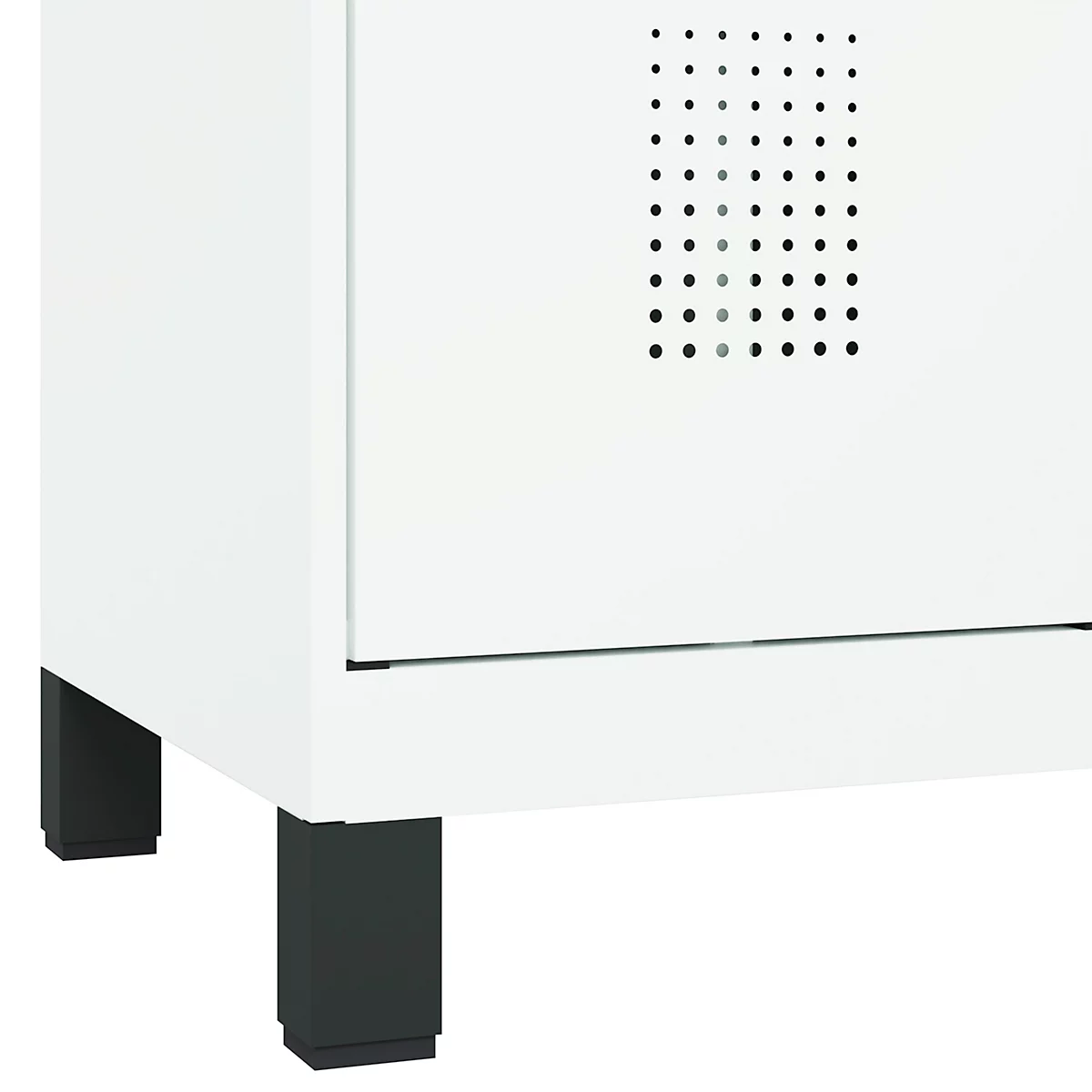 Vestiaire C+P Evolo Plus, 3 compartiments, largeur de compartiment 400 mm, avec pieds, butée à droite, butée soft, anti-effraction, L 1200 x P 500 x H 1950 mm, serrure à cylindre, blanc trafic RAL 9016/blanc trafic RAL 9016
