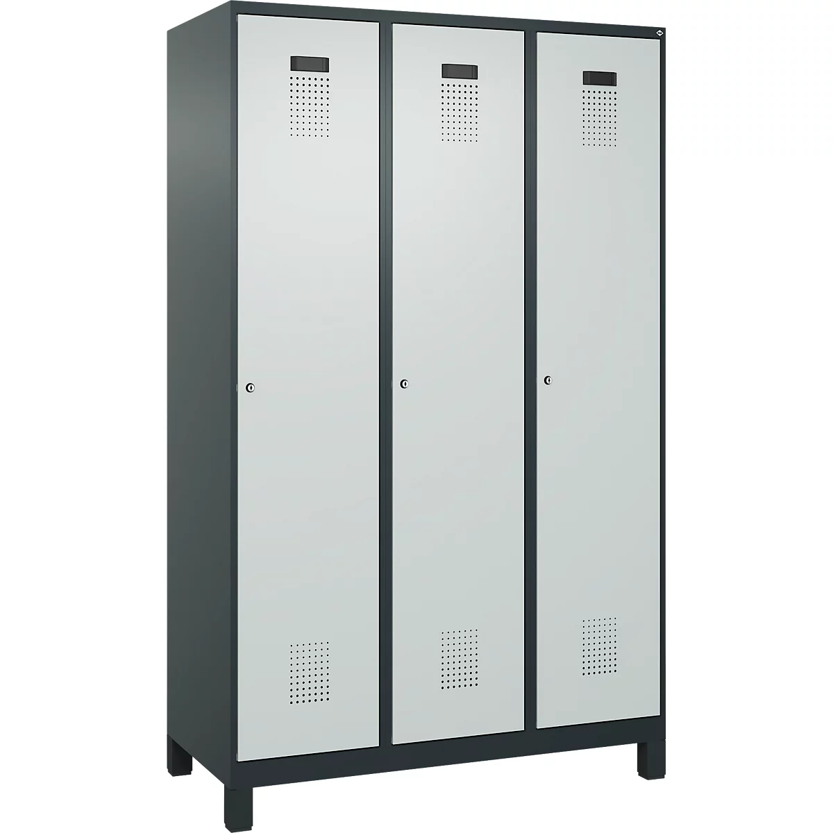 Vestiaire C+P Evolo Plus, 3 compartiments, largeur de compartiment 400 mm, avec pieds, butée à droite, butée Soft, anti-effraction, L 1200 x P 500 x H 1950 mm, serrure à cylindre, gris anthracite RAL 7016/gris clair RAL 7035