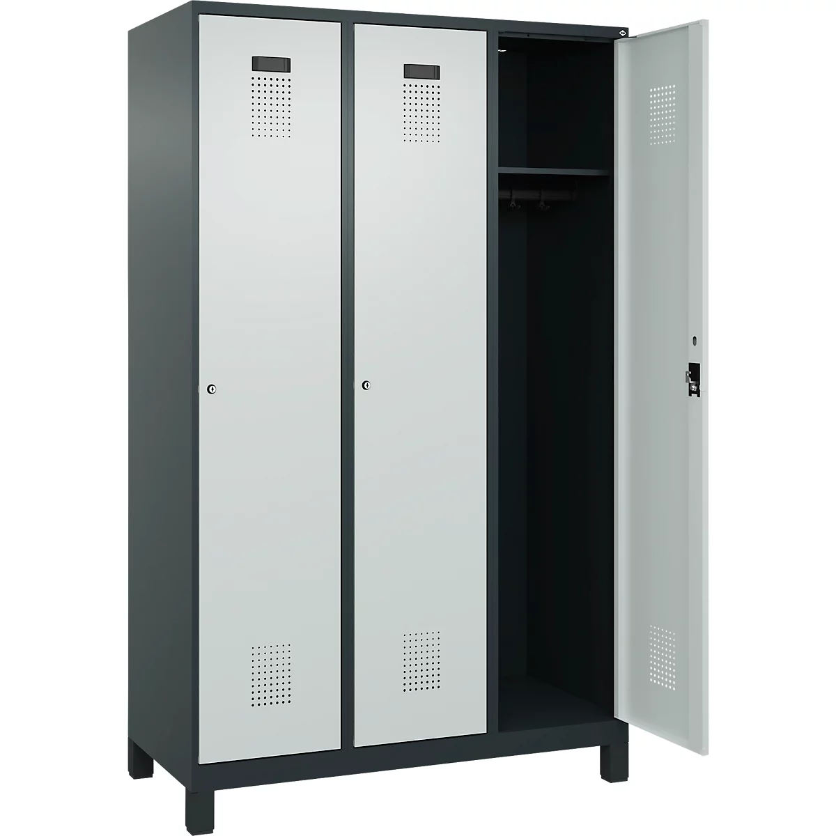 Vestiaire C+P Evolo Plus, 3 compartiments, largeur de compartiment 400 mm, avec pieds, butée à droite, butée Soft, anti-effraction, L 1200 x P 500 x H 1950 mm, serrure à cylindre, gris anthracite RAL 7016/gris clair RAL 7035