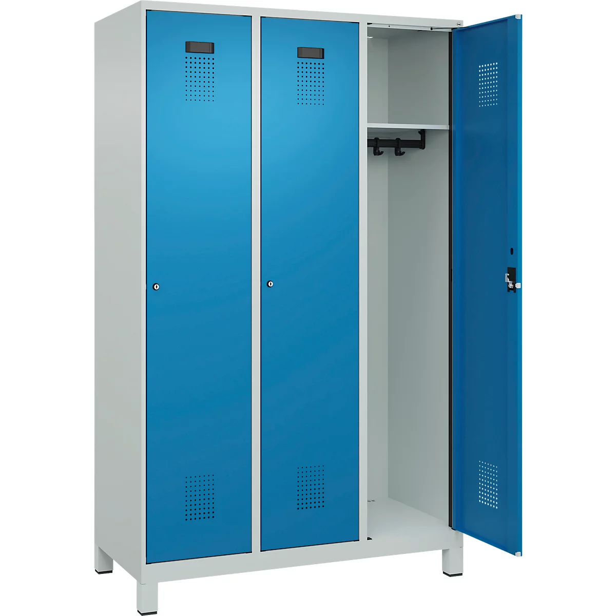 Vestiaire C+P Evolo Plus, 3 compartiments, largeur de compartiment 400 mm, avec pieds, butée à droite, butée Soft, anti-effraction, L 1200 x P 500 x H 1950 mm, serrure à cylindre, gris clair RAL 7035/bleu clair RAL 5012