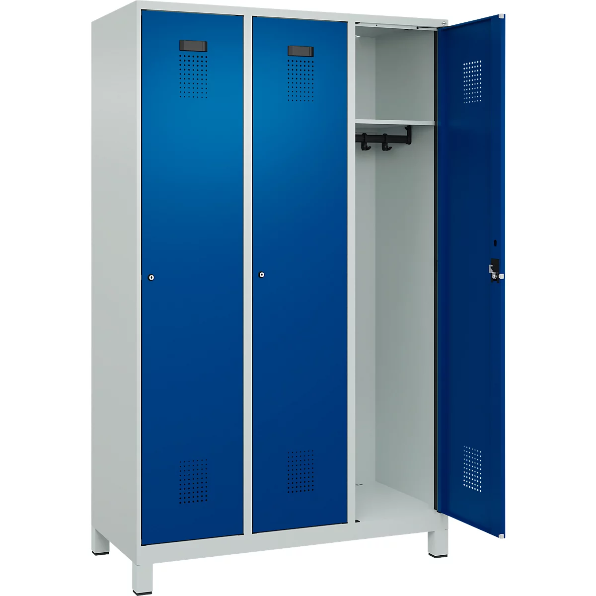 Vestiaire C+P Evolo Plus, 3 compartiments, largeur de compartiment 400 mm, avec pieds, butée à droite, butée Soft, anti-effraction, L 1200 x P 500 x H 1950 mm, serrure à cylindre, gris clair RAL 7035/bleu enzyme RAL 5010