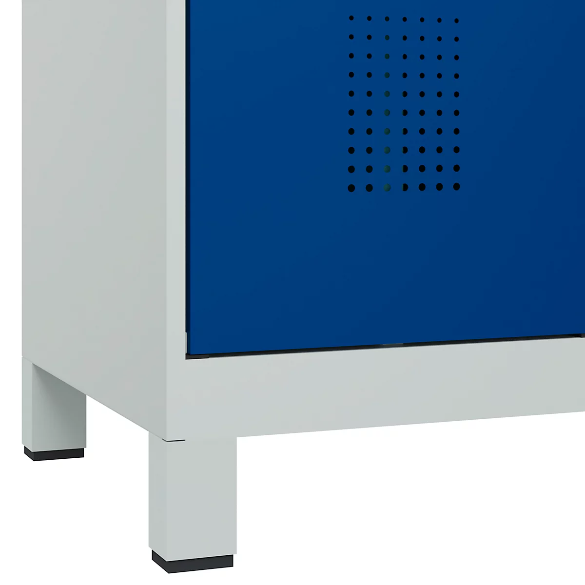 Vestiaire C+P Evolo Plus, 3 compartiments, largeur de compartiment 400 mm, avec pieds, butée à droite, butée Soft, anti-effraction, L 1200 x P 500 x H 1950 mm, serrure à cylindre, gris clair RAL 7035/bleu enzyme RAL 5010