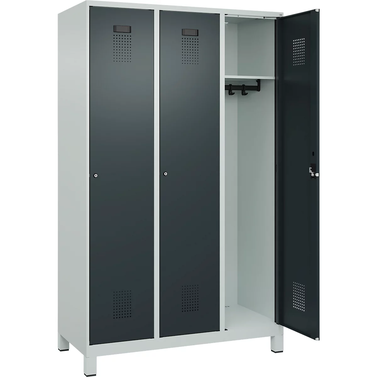 Vestiaire C+P Evolo Plus, 3 compartiments, largeur de compartiment 400 mm, avec pieds, butée à droite, butée Soft, anti-effraction, L 1200 x P 500 x H 1950 mm, serrure à cylindre, gris clair RAL 7035/gris anthracite RAL 7016