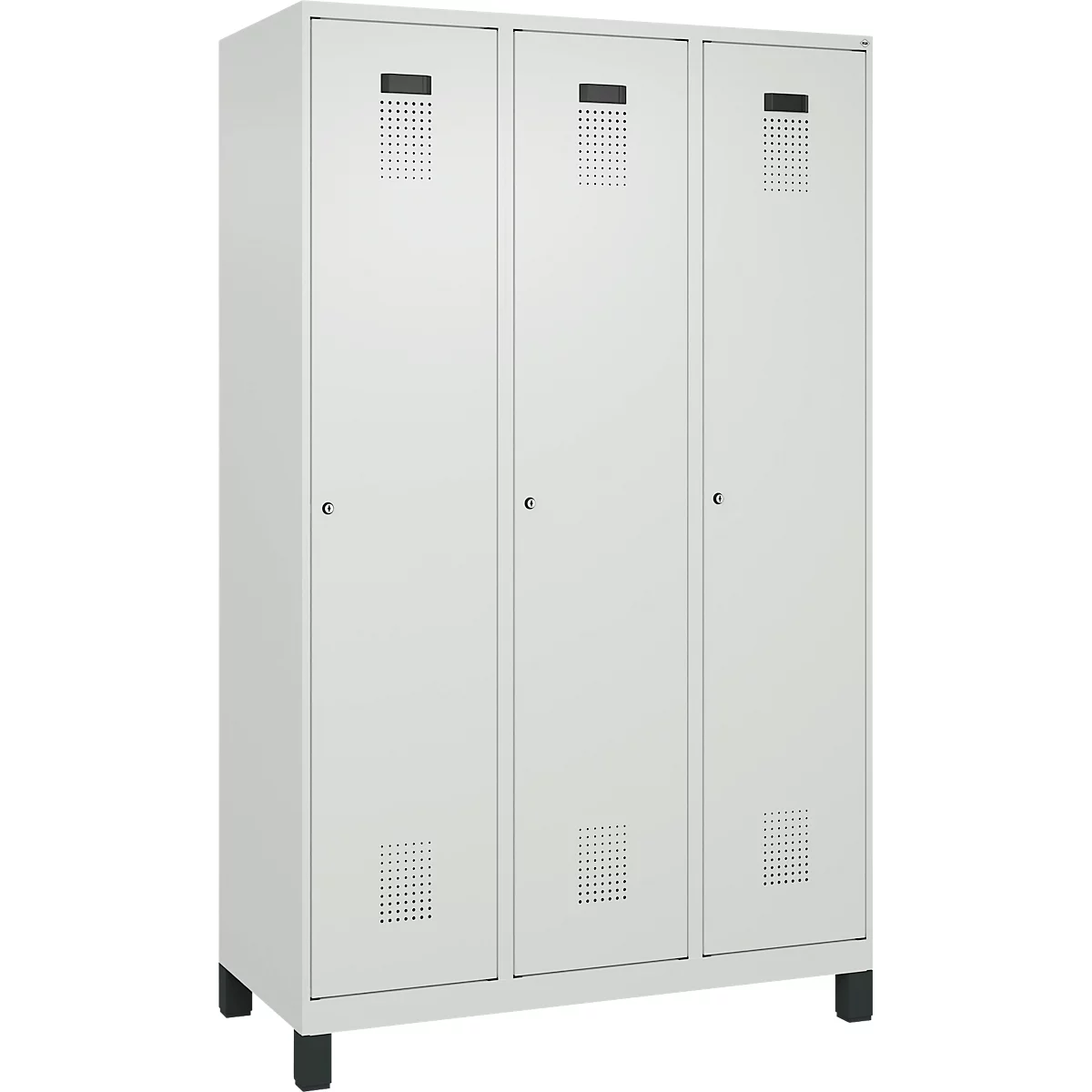 Vestiaire C+P Evolo Plus, 3 compartiments, largeur de compartiment 400 mm, avec pieds, butée à droite, butée Soft, anti-effraction, L 1200 x P 500 x H 1950 mm, serrure à cylindre, gris clair RAL 7035/gris clair RAL 7035
