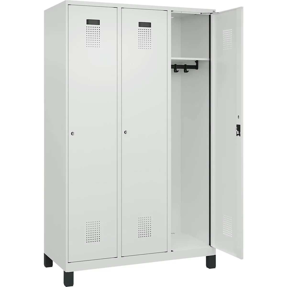 Vestiaire C+P Evolo Plus, 3 compartiments, largeur de compartiment 400 mm, avec pieds, butée à droite, butée Soft, anti-effraction, L 1200 x P 500 x H 1950 mm, serrure à cylindre, gris clair RAL 7035/gris clair RAL 7035