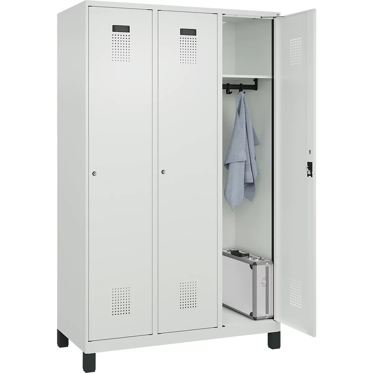 Vestiaire C+P Evolo Plus, 3 compartiments, largeur de compartiment 400 mm, avec pieds, butée à droite, butée Soft, anti-effraction, L 1200 x P 500 x H 1950 mm, serrure à cylindre, gris clair RAL 7035/gris clair RAL 7035