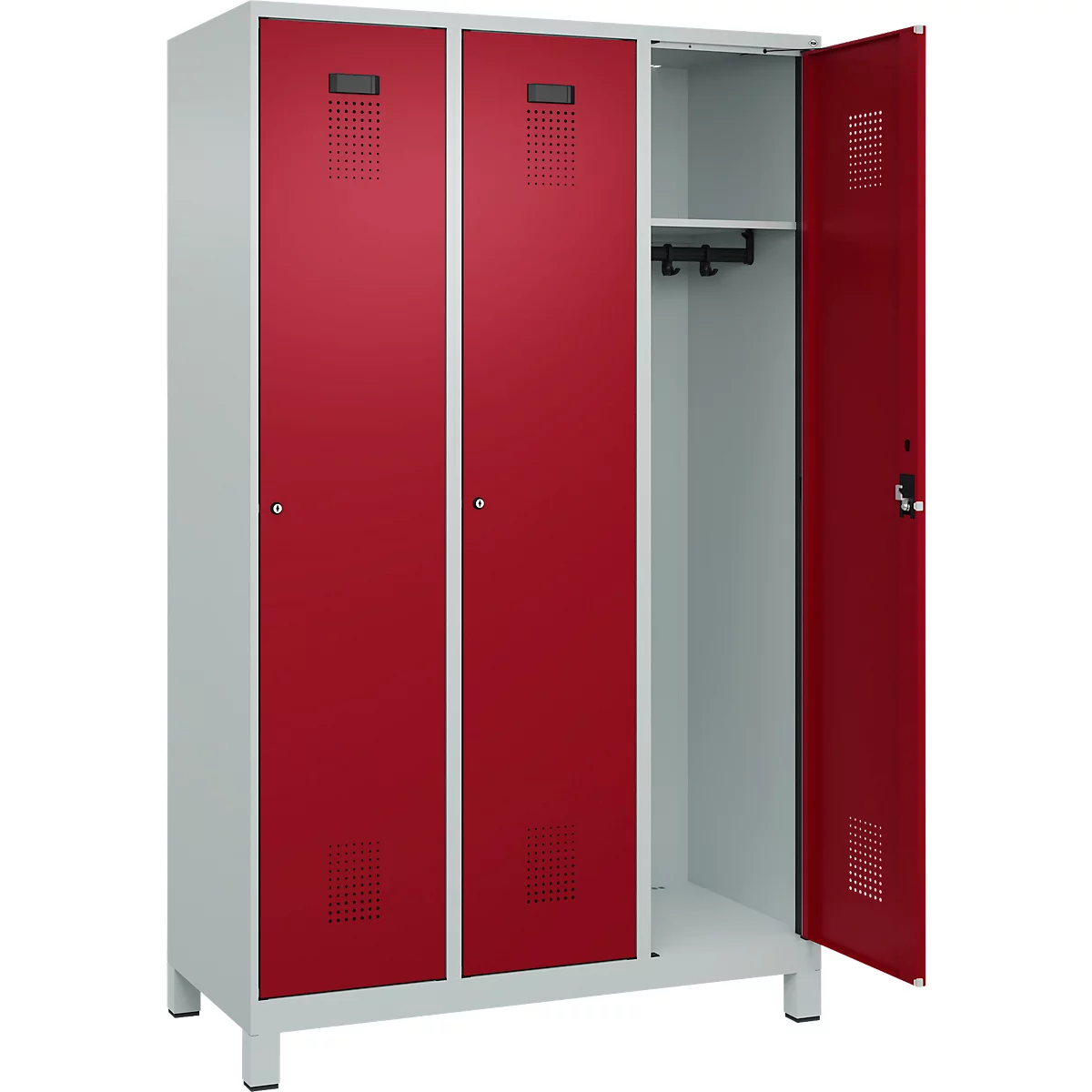 Vestiaire C+P Evolo Plus, 3 compartiments, largeur de compartiment 400 mm, avec pieds, butée à droite, butée Soft, anti-effraction, L 1200 x P 500 x H 1950 mm, serrure à cylindre, gris clair RAL 7035/rouge rubis RAL 3003