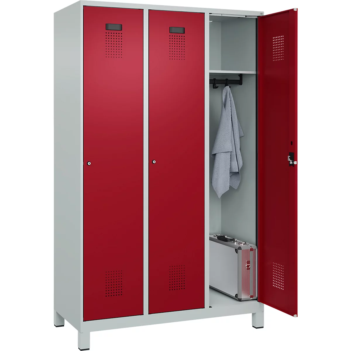 Vestiaire C+P Evolo Plus, 3 compartiments, largeur de compartiment 400 mm, avec pieds, butée à droite, butée Soft, anti-effraction, L 1200 x P 500 x H 1950 mm, serrure à cylindre, gris clair RAL 7035/rouge rubis RAL 3003
