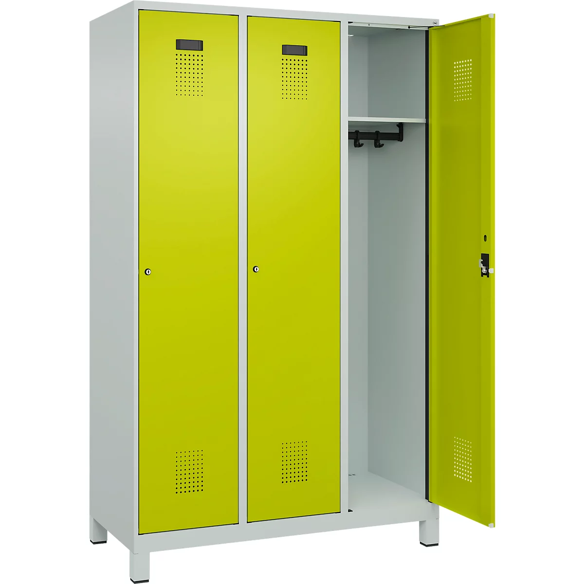 Vestiaire C+P Evolo Plus, 3 compartiments, largeur de compartiment 400 mm, avec pieds, butée à droite, butée Soft, anti-effraction, L 1200 x P 500 x H 1950 mm, serrure cylindrique, gris clair RAL 7035/vert clown RAL 1108060