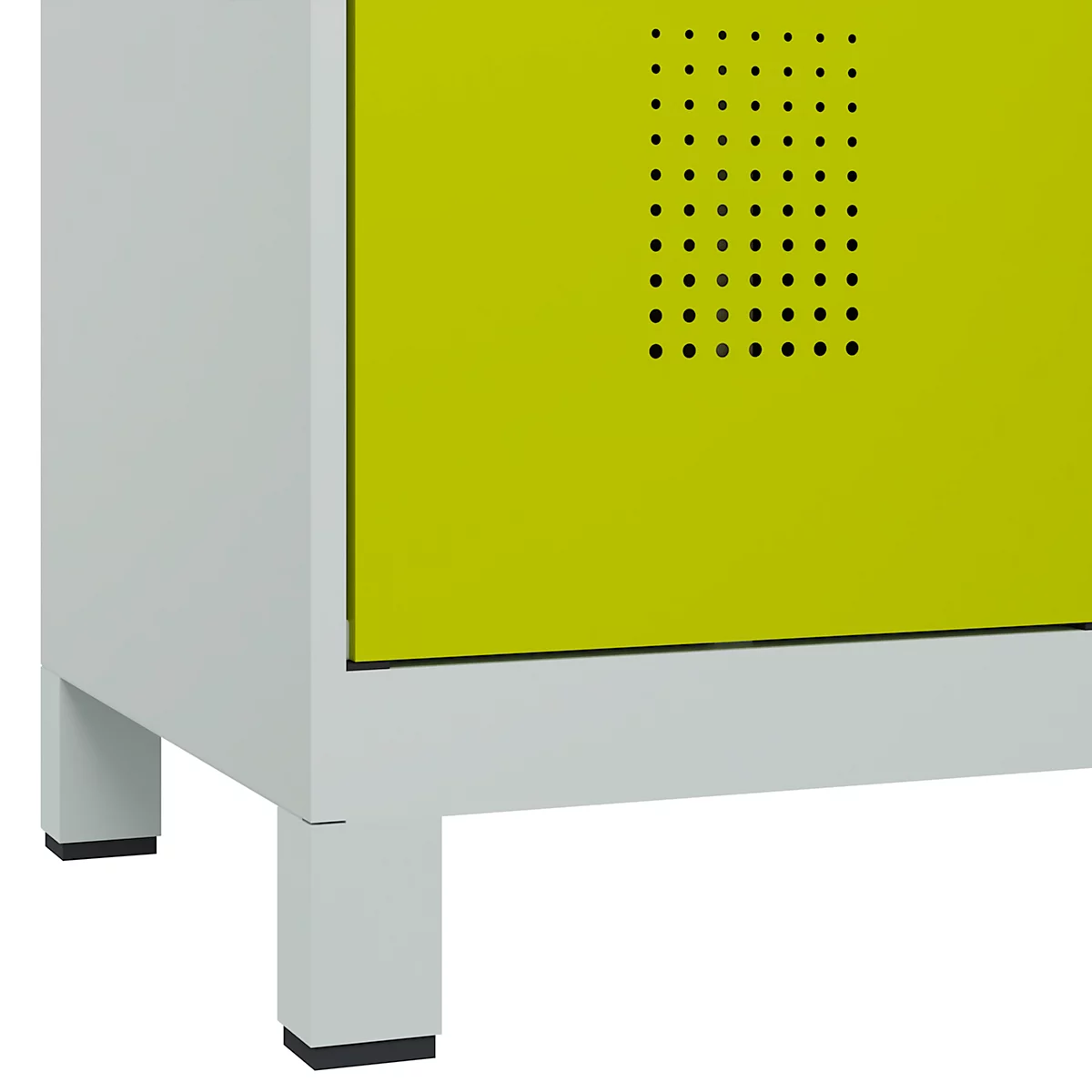 Vestiaire C+P Evolo Plus, 3 compartiments, largeur de compartiment 400 mm, avec pieds, butée à droite, butée Soft, anti-effraction, L 1200 x P 500 x H 1950 mm, serrure cylindrique, gris clair RAL 7035/vert clown RAL 1108060