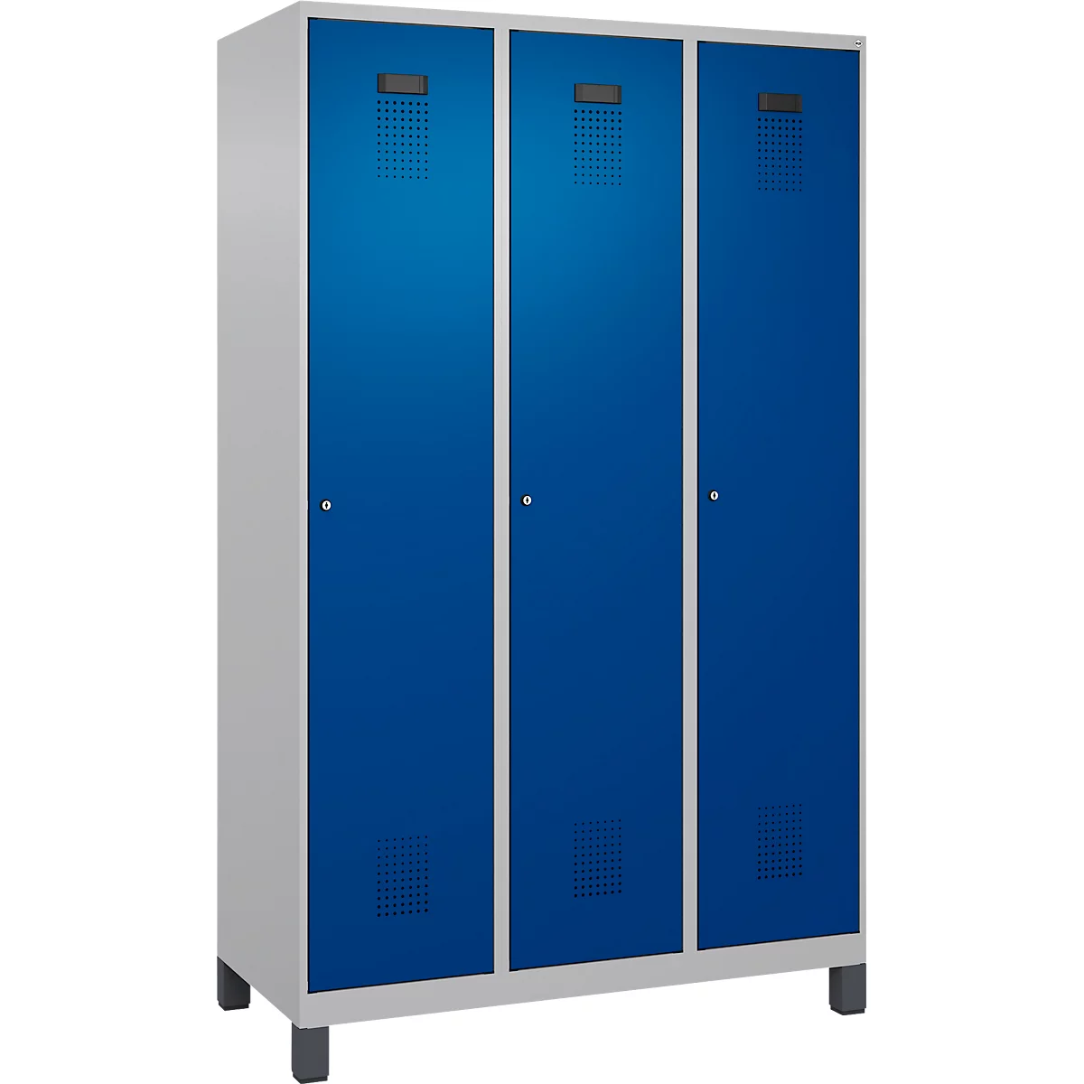 Vestiaire C+P Evolo Plus, 3 compartiments, largeur de compartiment 400 mm, avec pieds, charnières à droite, butée Soft, anti-effraction, L 1200 x P 500 x H 1950 mm, serrure à cylindre, aluminium blanc RAL 9006/bleu enzyme RAL 5010