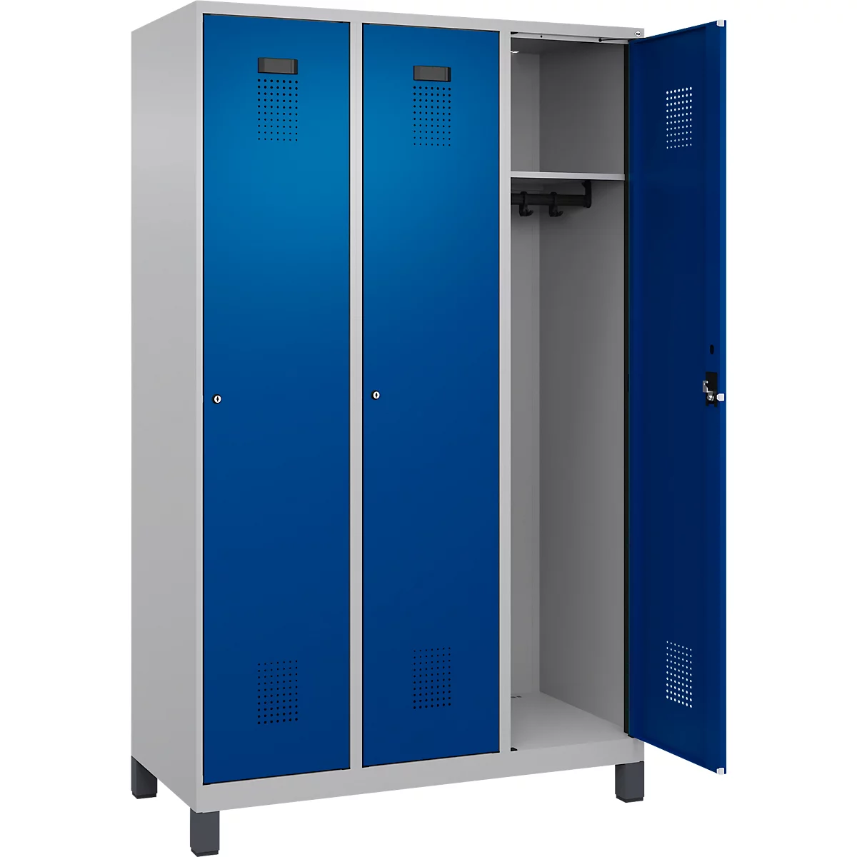 Vestiaire C+P Evolo Plus, 3 compartiments, largeur de compartiment 400 mm, avec pieds, charnières à droite, butée Soft, anti-effraction, L 1200 x P 500 x H 1950 mm, serrure à cylindre, aluminium blanc RAL 9006/bleu enzyme RAL 5010