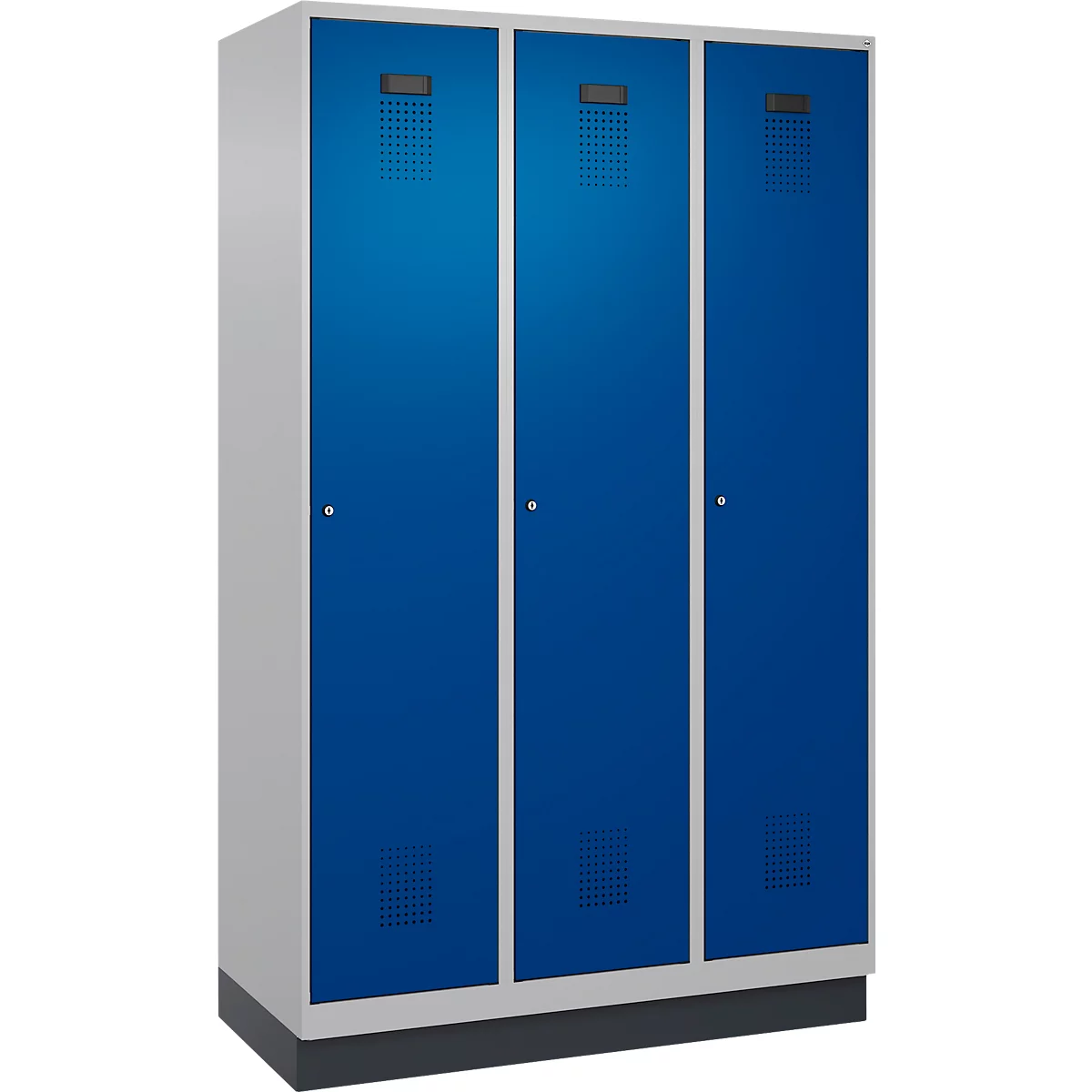 Vestiaire C+P Evolo Plus, 3 compartiments, largeur de compartiment 400 mm, avec socle, charnières à droite, L 1200 x P 500 x H 1950 mm, cylindre, aluminium blanc/bleu enzyme