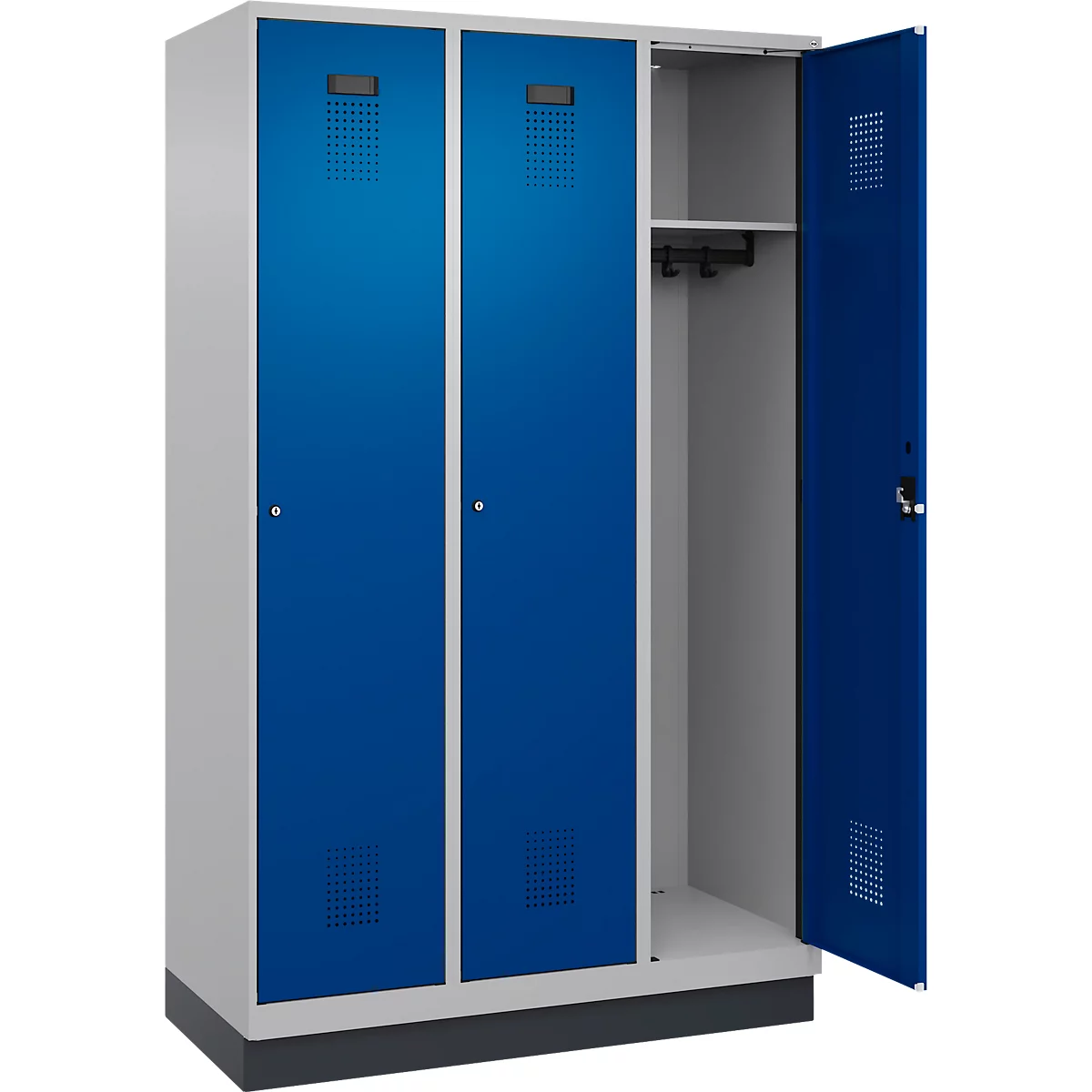 Vestiaire C+P Evolo Plus, 3 compartiments, largeur de compartiment 400 mm, avec socle, charnières à droite, L 1200 x P 500 x H 1950 mm, cylindre, aluminium blanc/bleu enzyme