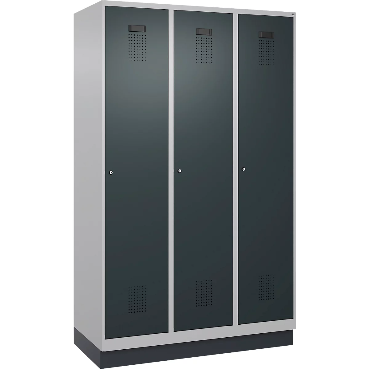 Vestiaire C+P Evolo Plus, 3 compartiments, largeur de compartiment 400 mm, avec socle, charnières à droite, L 1200 x P 500 x H 1950 mm, cylindre, aluminium blanc/gris anthracite