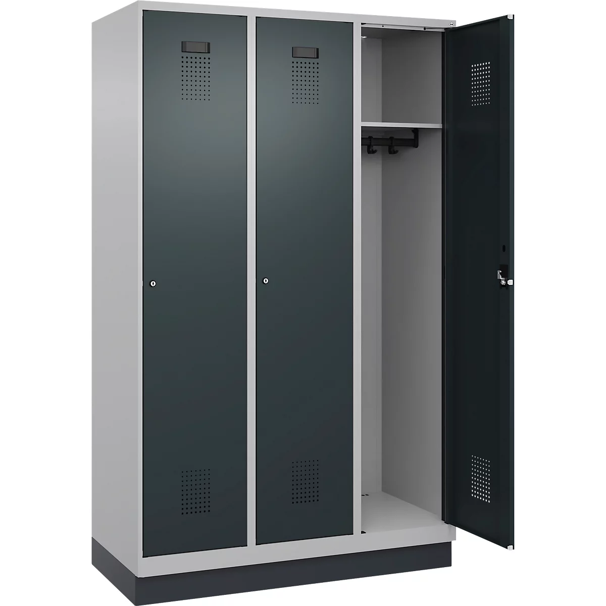 Vestiaire C+P Evolo Plus, 3 compartiments, largeur de compartiment 400 mm, avec socle, charnières à droite, L 1200 x P 500 x H 1950 mm, cylindre, aluminium blanc/gris anthracite
