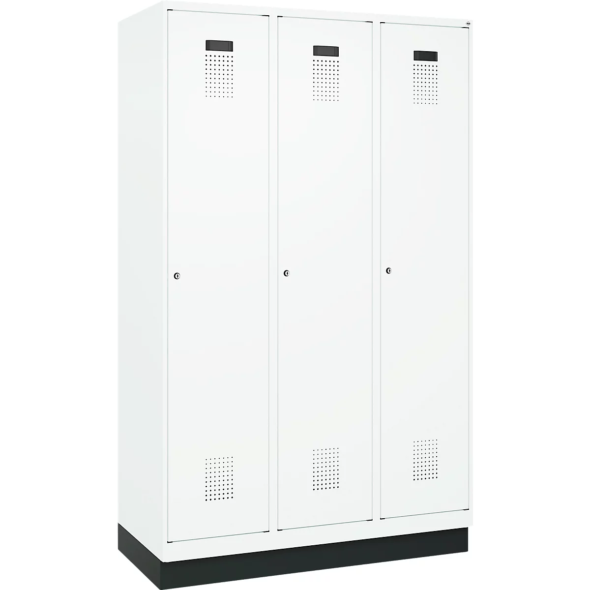 Vestiaire C+P Evolo Plus, 3 compartiments, largeur de compartiment 400 mm, avec socle, charnières à droite, L 1200 x P 500 x H 1950 mm, cylindre, blanc signalisation/blanc trafic