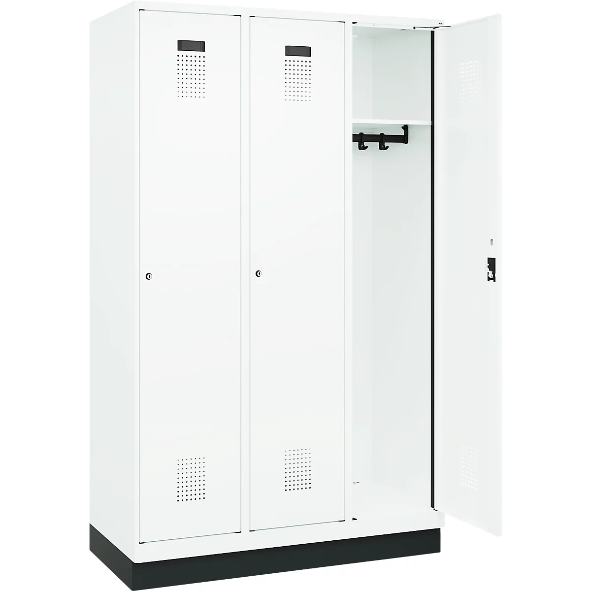Vestiaire C+P Evolo Plus, 3 compartiments, largeur de compartiment 400 mm, avec socle, charnières à droite, L 1200 x P 500 x H 1950 mm, cylindre, blanc signalisation/blanc trafic