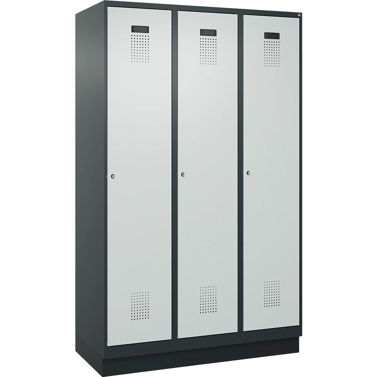 Vestiaire C+P Evolo Plus, 3 compartiments, largeur de compartiment 400 mm, avec socle, charnières à droite, L 1200 x P 500 x H 1950 mm, cylindre, gris anthracite/gris clair