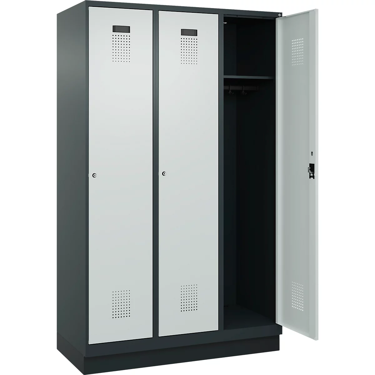Vestiaire C+P Evolo Plus, 3 compartiments, largeur de compartiment 400 mm, avec socle, charnières à droite, L 1200 x P 500 x H 1950 mm, cylindre, gris anthracite/gris clair