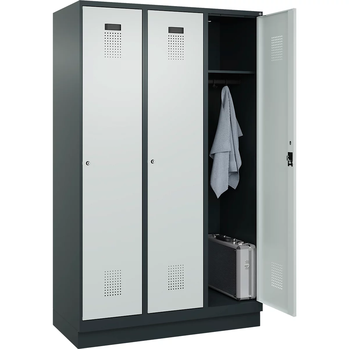 Vestiaire C+P Evolo Plus, 3 compartiments, largeur de compartiment 400 mm, avec socle, charnières à droite, L 1200 x P 500 x H 1950 mm, cylindre, gris anthracite/gris clair