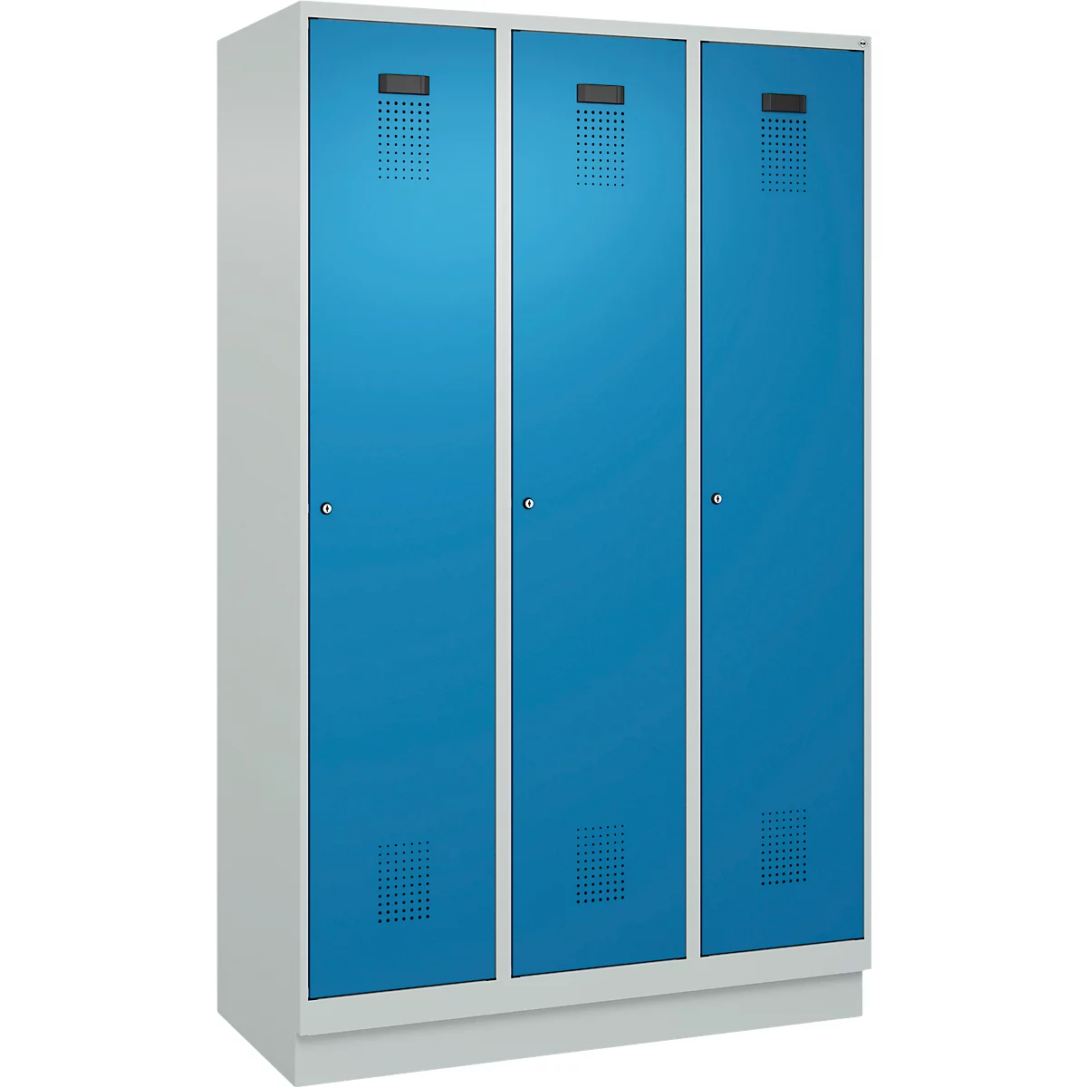 Vestiaire C+P Evolo Plus, 3 compartiments, largeur de compartiment 400 mm, avec socle, charnières à droite, L 1200 x P 500 x H 1950 mm, cylindre, gris clair/bleu clair