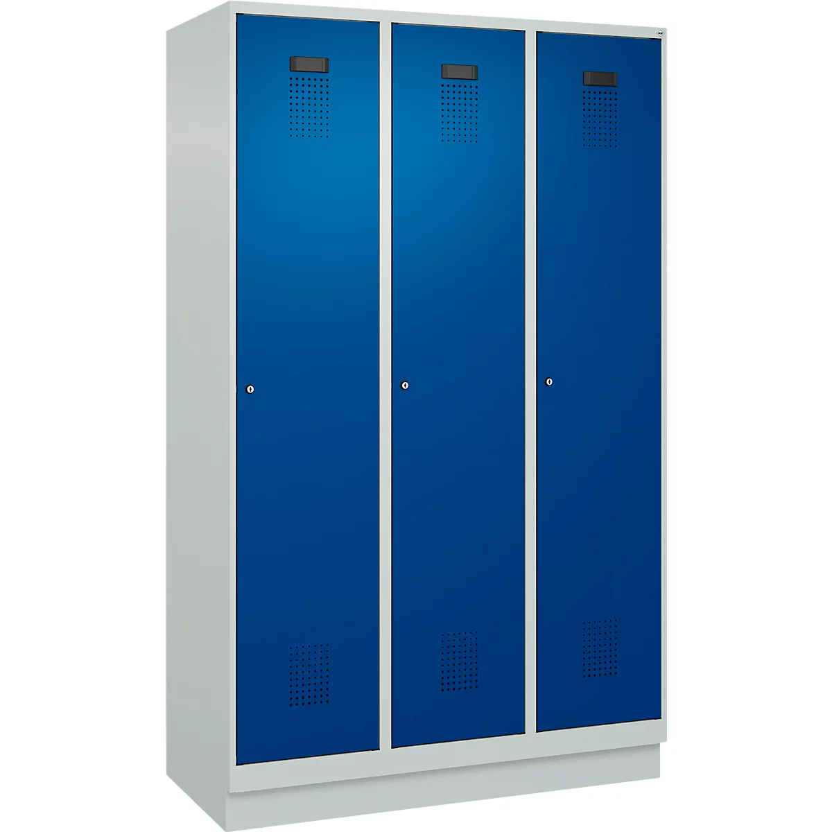 Vestiaire C+P Evolo Plus, 3 compartiments, largeur de compartiment 400 mm, avec socle, charnières à droite, L 1200 x P 500 x H 1950 mm, cylindre, gris clair/bleu gentiane