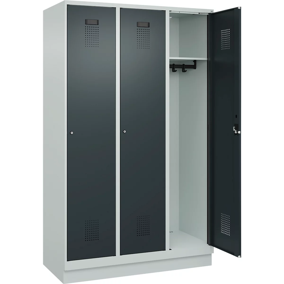 Vestiaire C+P Evolo Plus, 3 compartiments, largeur de compartiment 400 mm, avec socle, charnières à droite, L 1200 x P 500 x H 1950 mm, cylindre, gris clair/gris anthracite