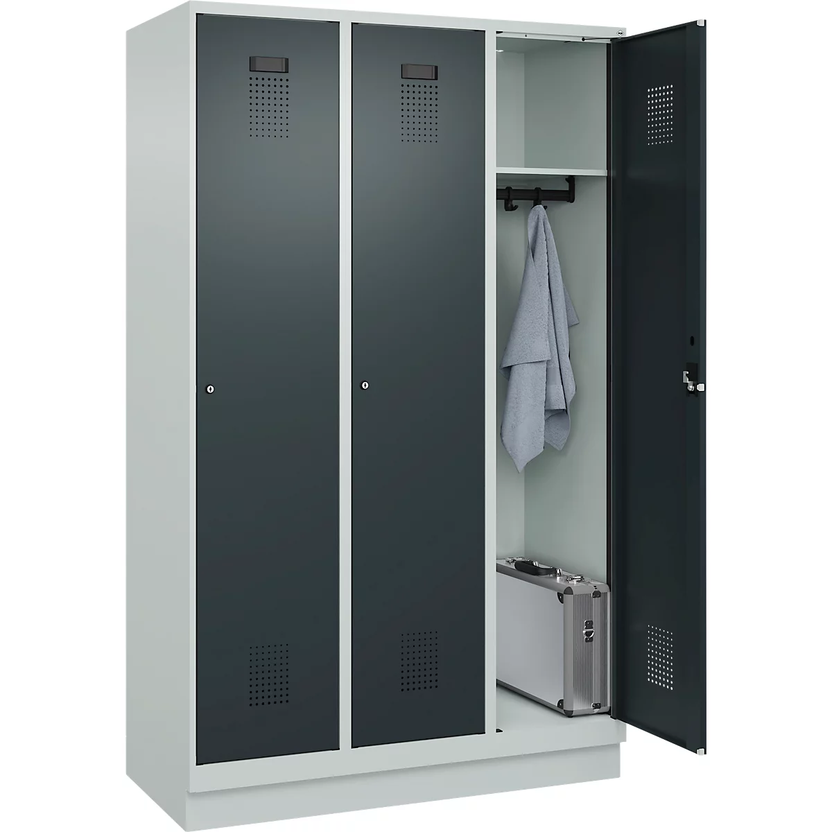 Vestiaire C+P Evolo Plus, 3 compartiments, largeur de compartiment 400 mm, avec socle, charnières à droite, L 1200 x P 500 x H 1950 mm, cylindre, gris clair/gris anthracite