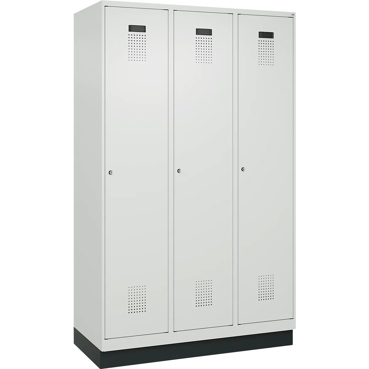 Vestiaire C+P Evolo Plus, 3 compartiments, largeur de compartiment 400 mm, avec socle, charnières à droite, L 1200 x P 500 x H 1950 mm, cylindre, gris clair/gris clair