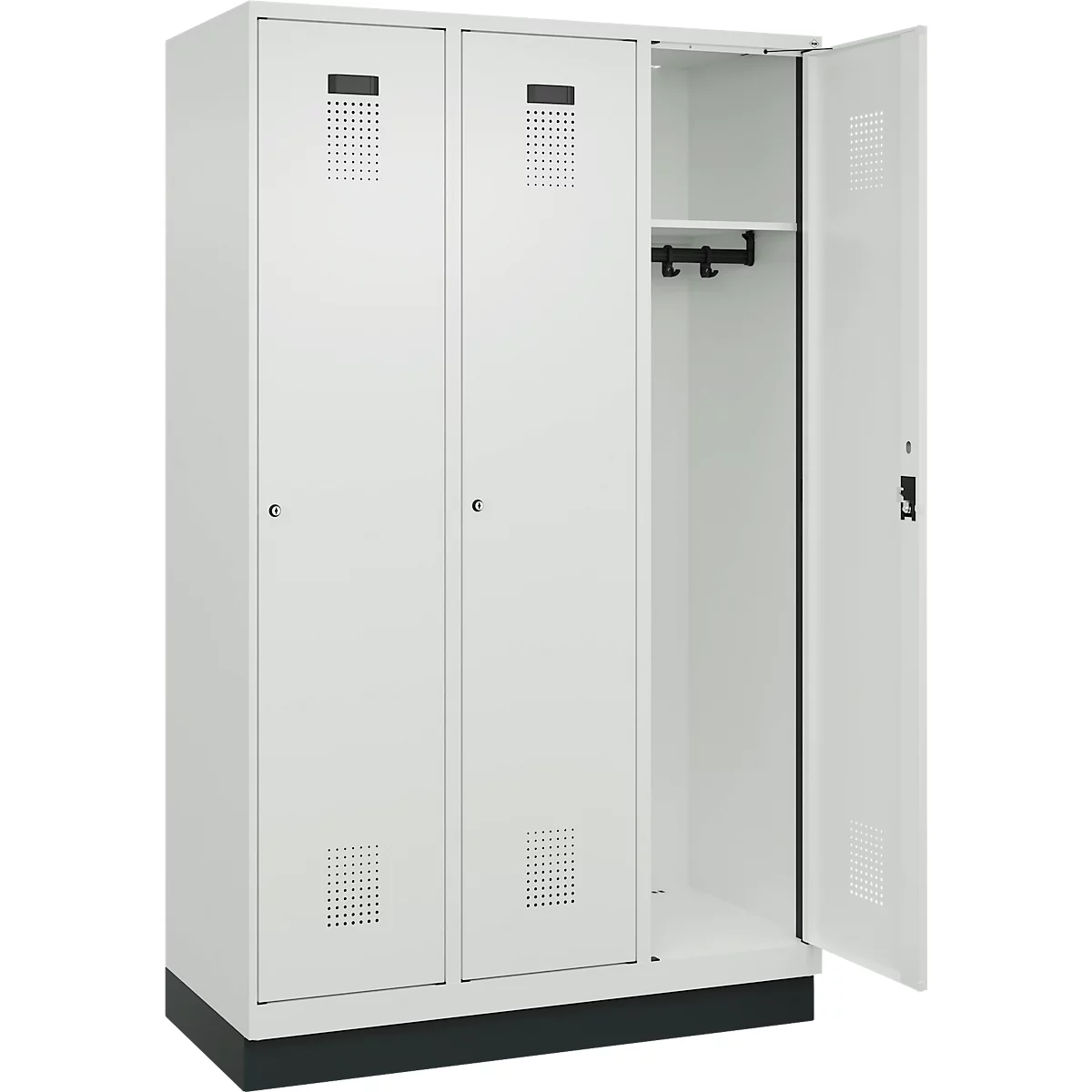 Vestiaire C+P Evolo Plus, 3 compartiments, largeur de compartiment 400 mm, avec socle, charnières à droite, L 1200 x P 500 x H 1950 mm, cylindre, gris clair/gris clair