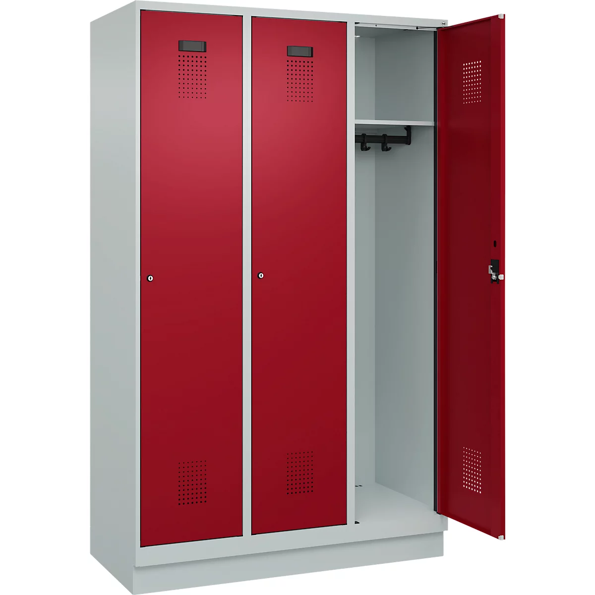 Vestiaire C+P Evolo Plus, 3 compartiments, largeur de compartiment 400 mm, avec socle, charnières à droite, L 1200 x P 500 x H 1950 mm, cylindre, gris clair/rouge rubis