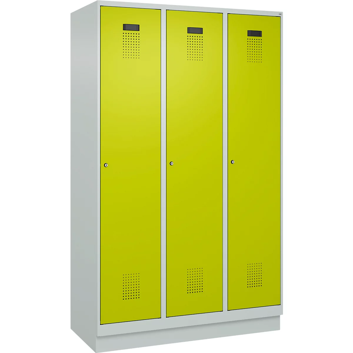 Vestiaire C+P Evolo Plus, 3 compartiments, largeur de compartiment 400 mm, avec socle, charnières à droite, L 1200 x P 500 x H 1950 mm, cylindre, gris clair/vert clown