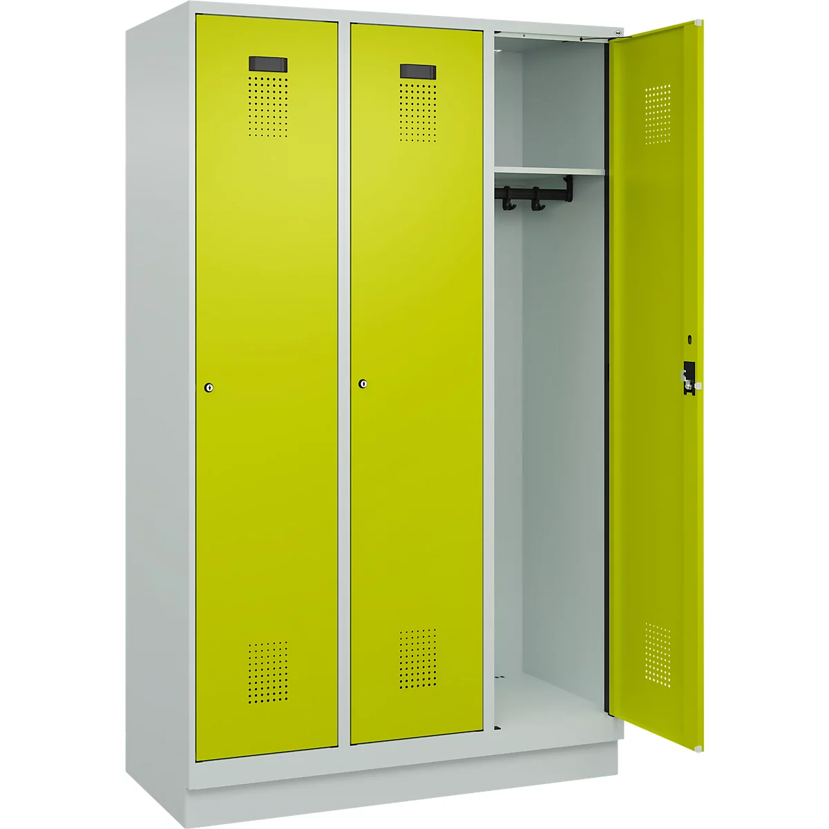 Vestiaire C+P Evolo Plus, 3 compartiments, largeur de compartiment 400 mm, avec socle, charnières à droite, L 1200 x P 500 x H 1950 mm, cylindre, gris clair/vert clown