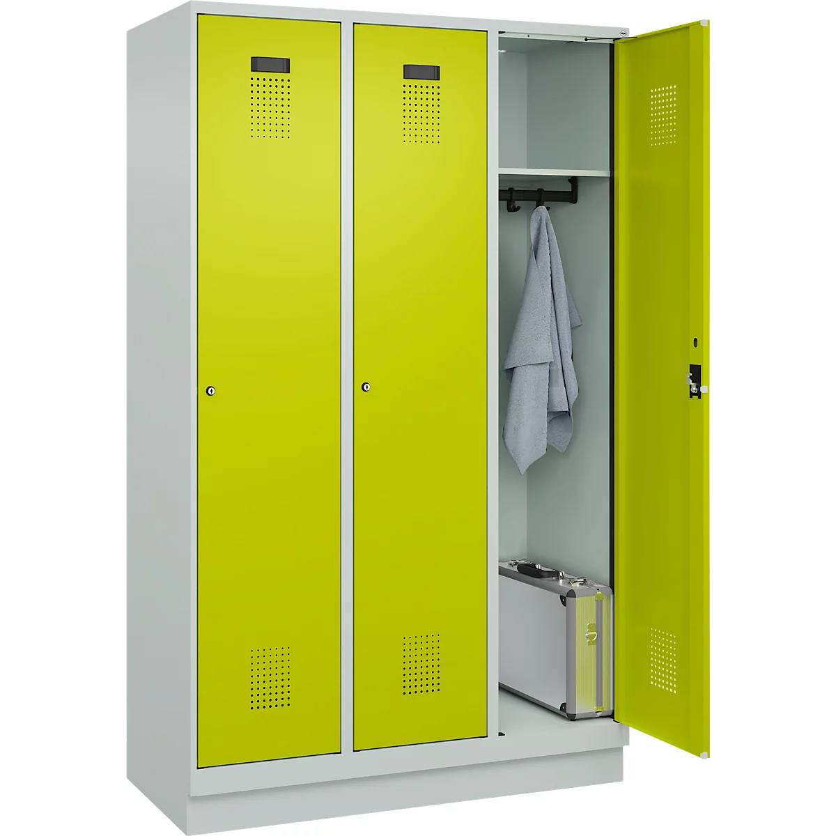 Vestiaire C+P Evolo Plus, 3 compartiments, largeur de compartiment 400 mm, avec socle, charnières à droite, L 1200 x P 500 x H 1950 mm, cylindre, gris clair/vert clown