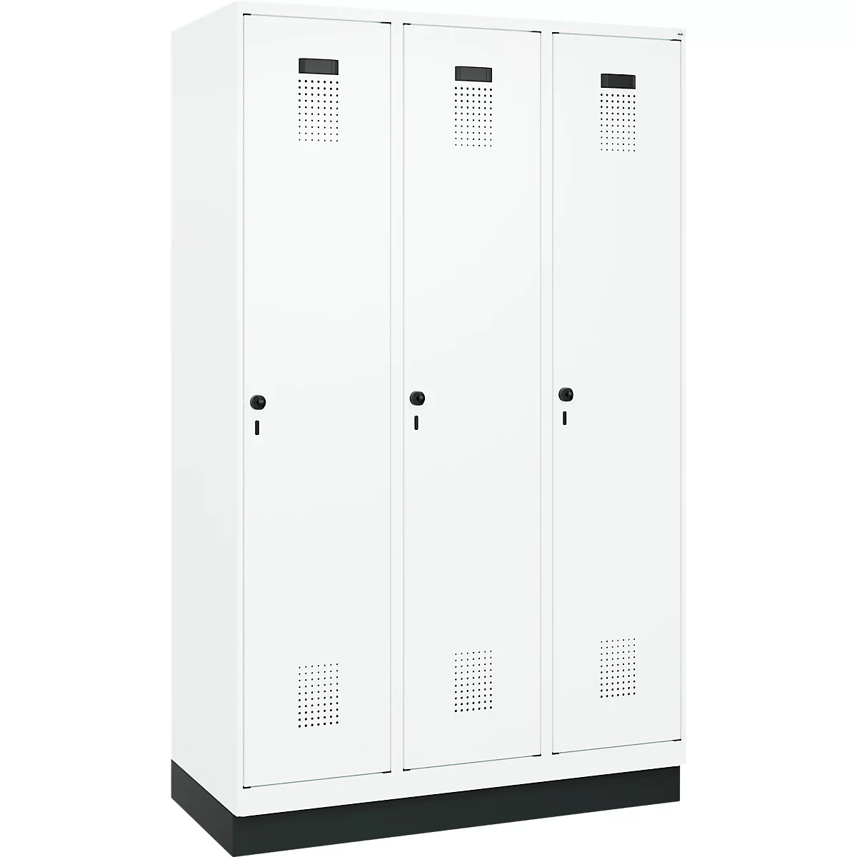 Vestiaire C+P Evolo Plus, 3 compartiments, largeur de compartiment 400 mm, avec socle, charnières à droite, L 1200 x P 500 x H 1950 mm, verrou tournant, blanc signalisation/blanc trafic