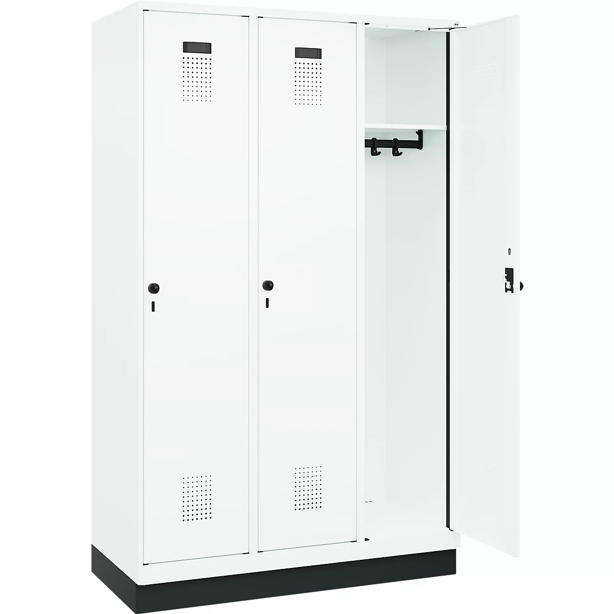Vestiaire C+P Evolo Plus, 3 compartiments, largeur de compartiment 400 mm, avec socle, charnières à droite, L 1200 x P 500 x H 1950 mm, verrou tournant, blanc signalisation/blanc trafic